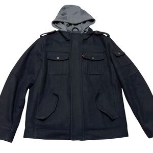 Levi's Wool Blend Jacket Mens M Black Full Zip Heavy Hooded Coat Military Lined